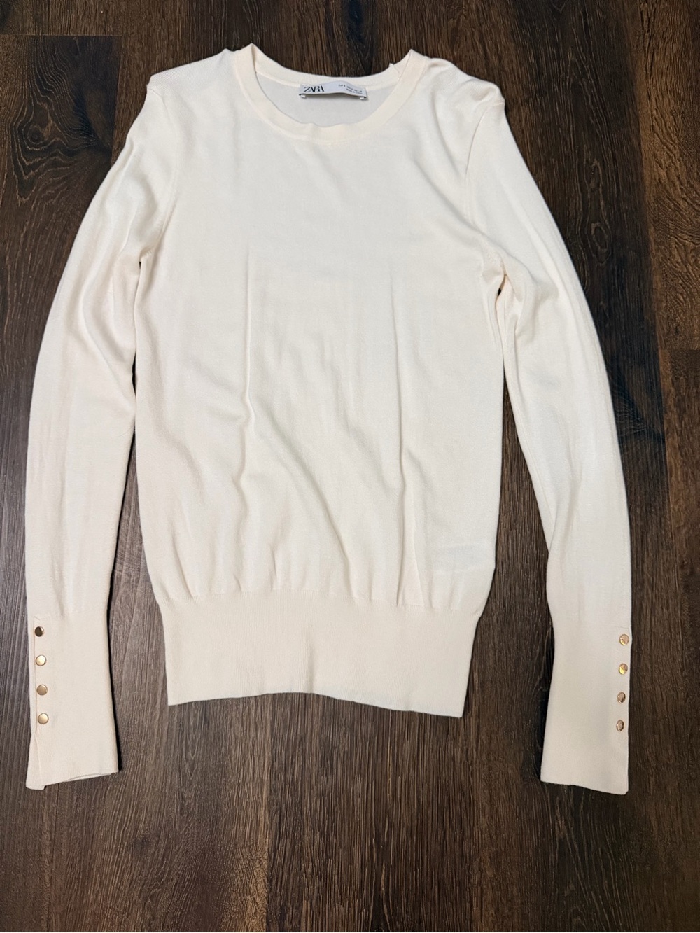 Zara Cream Crewneck Sweater with Gold Button Cuffs